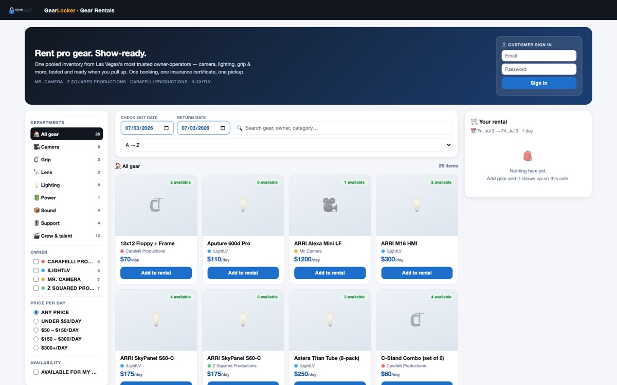Gear Locker rental marketplace with pooled inventory from four companies