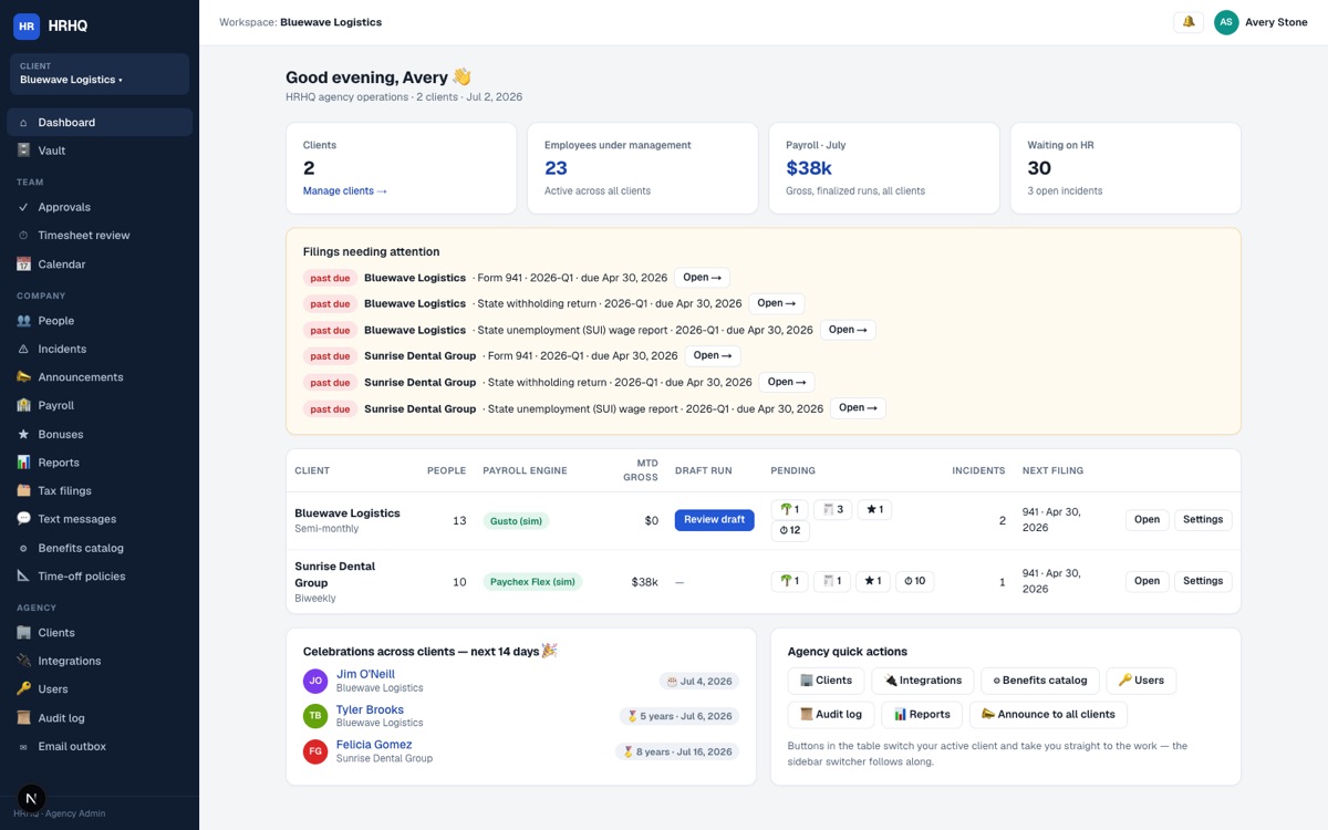 HRHQ agency dashboard with payroll, filings, and client overview
