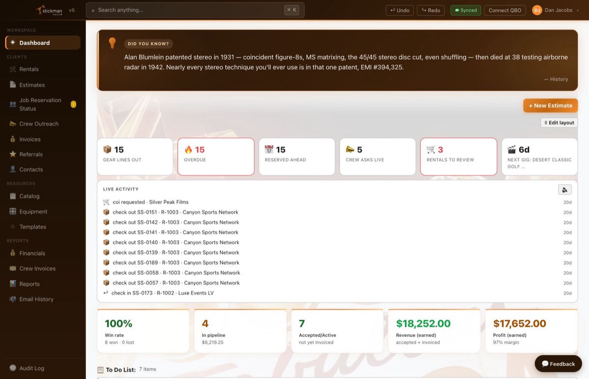 Stickman HQ operations dashboard showing live activity, rentals, and revenue